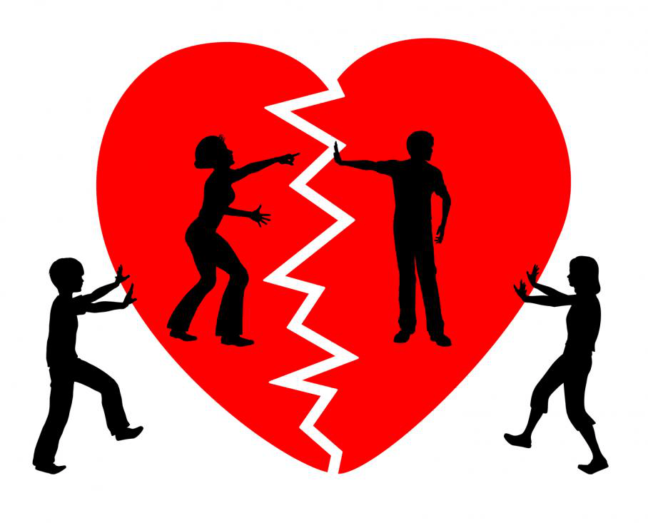 Silhouettes of two adults arguing inside a broken red heart, with two children reaching out, symbolizing family conflict and the impact of divorce on children.