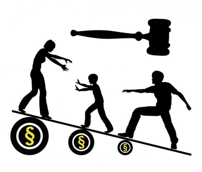 Silhouette of a mother and father reaching for a child on a seesaw balancing on dollar signs, with a gavel above, symbolizing child custody and legal matters in Virginia.