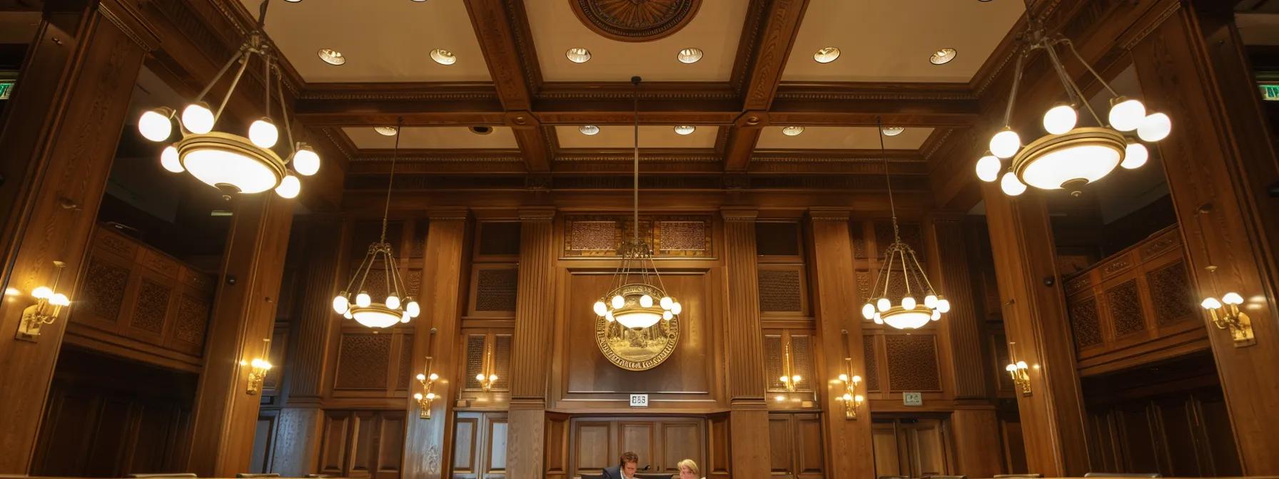 a dramatic courtroom scene captures a poised family lawyer engaging with a client, illuminated by overhead lights, conveying a sense of trust and professionalism amidst the solemn ambiance of justice.