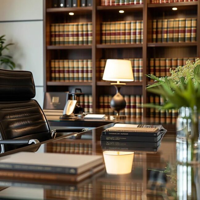 a focused attorney's office, elegantly designed with a sleek desk and law books lining the shelves, portrays a confident lawyer in a sharp suit discussing case strategies with a client, embodying trust and professionalism in the divorce process.