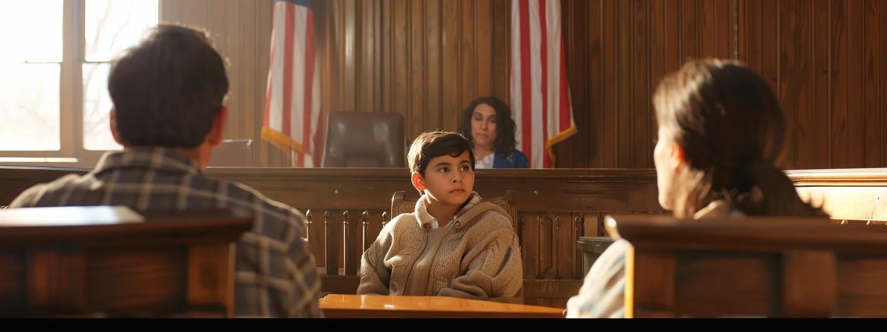 a focused courtroom scene captures a confident prospective adoptive family seated before a stern judge, surrounded by legal documents and a seasoned lawyer, emphasizing the importance of understanding the adoption process for a secure journey.