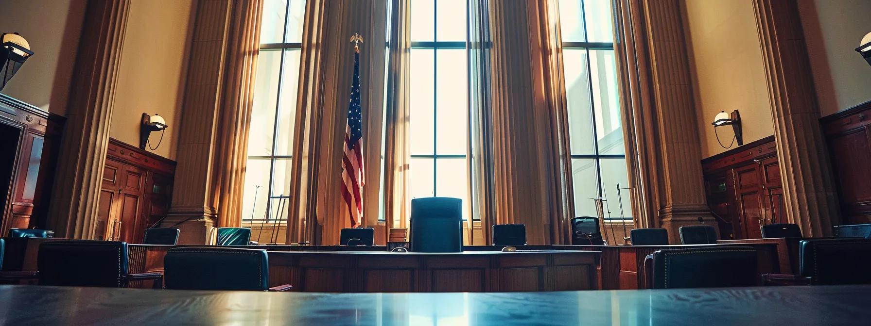 a focused courtroom scene captures a determined lawyer consulting with clients at a sleek conference table, surrounded by legal documents and a large, imposing window that creates a dramatic backdrop.