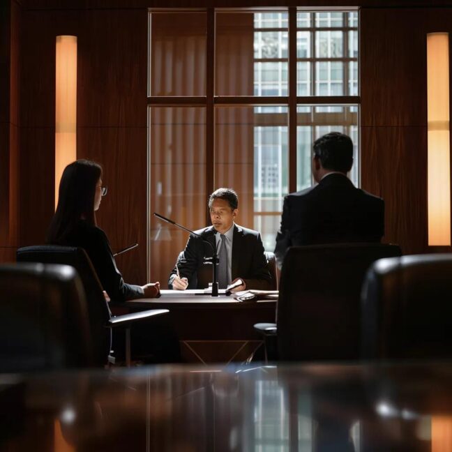 a focused courtroom scene captures a determined parent seated at a sleek, modern table, engaged in a serious discussion with a legal advisor, illuminated by professional lighting that emphasizes the tension and gravity of child custody deliberations.