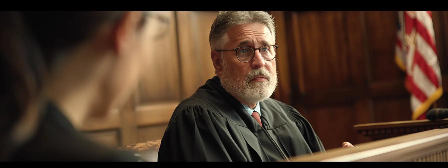 Judge in courtroom listening attentively, emphasizing legal proceedings related to divorce and asset division, with American flag in background.