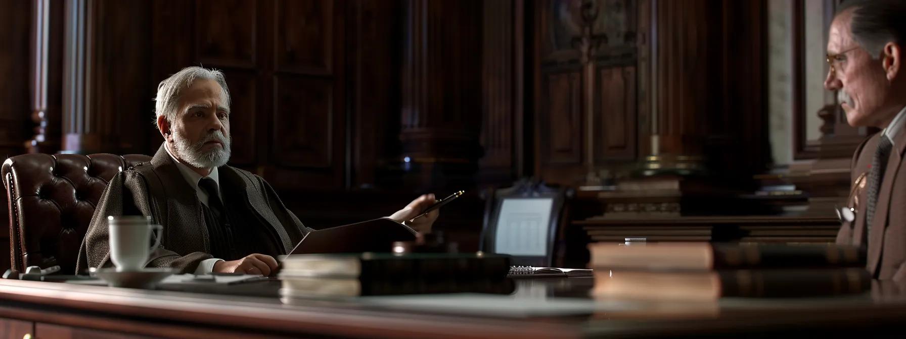 a focused courtroom scene captures a poised lawyer passionately presenting state-specific dui license laws to a attentive judge, with law books and legal documents artfully arranged on the mahogany desk, accentuating the gravity of the legal discourse.