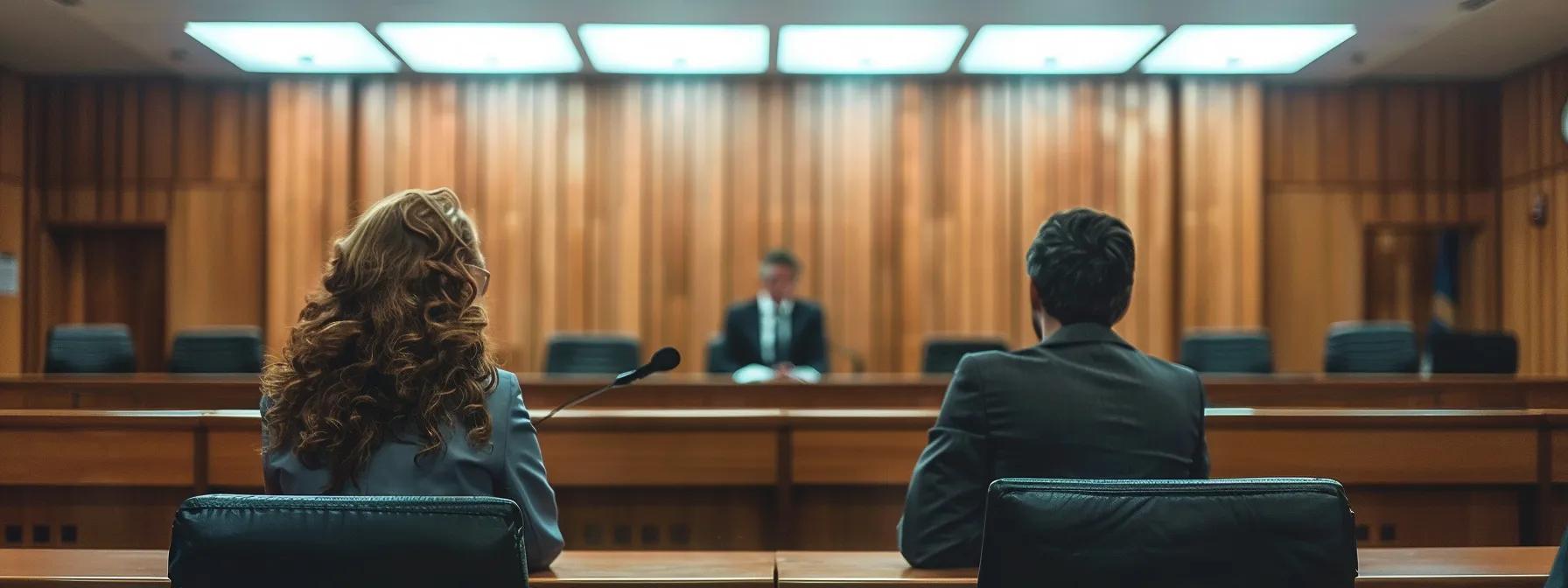 Courtroom scene with a woman and man seated, facing a judge, emphasizing legal proceedings related to divorce and retirement asset division.