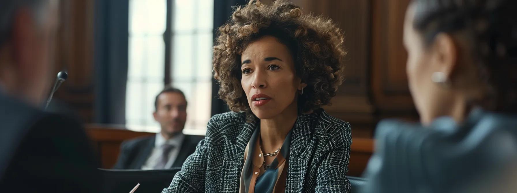 a focused courtroom scene captures a lawyer engaged in a clear, confident discussion with a client, as a judge listens attentively in the background, emphasizing the importance of communication and collaboration during the divorce process.