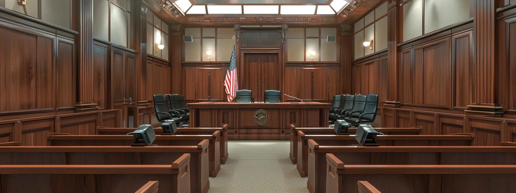Courtroom interior with wooden paneling, judge's bench, American flag, and empty seating, reflecting legal proceedings related to divorce and asset division.