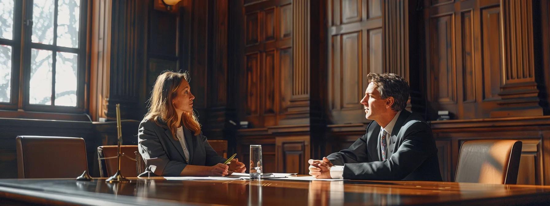 a focused courtroom scene depicts a confident lawyer poised at a wooden table, engaged in a dialogue with a vigilant judge, as they explore complex legal concepts during a divorce proceeding, highlighting the importance of asking insightful questions to clarify the process.