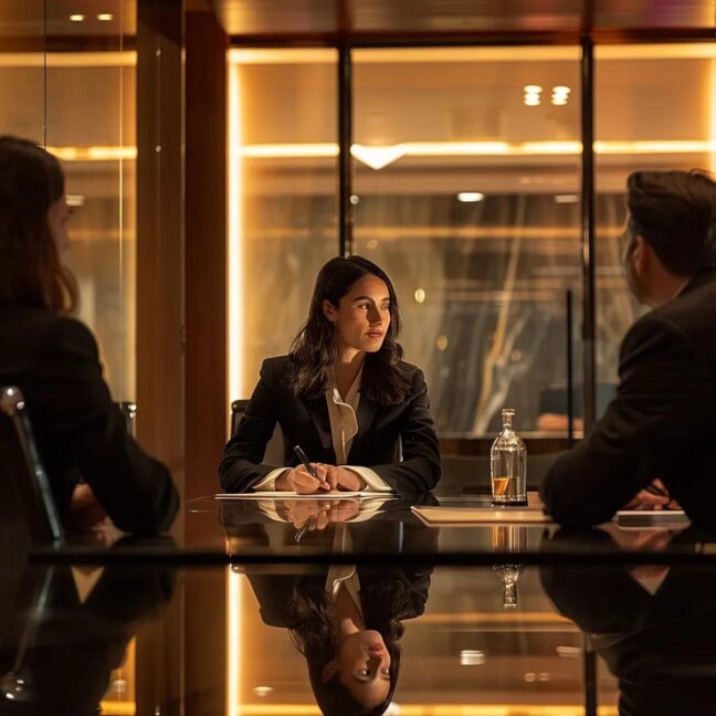 a focused scene in a sleek, modern law office, showcasing a well-dressed lawyer engaging in a serious discussion with a client across a polished conference table, illuminated by soft, warm lighting that highlights their expressions of determination and understanding.