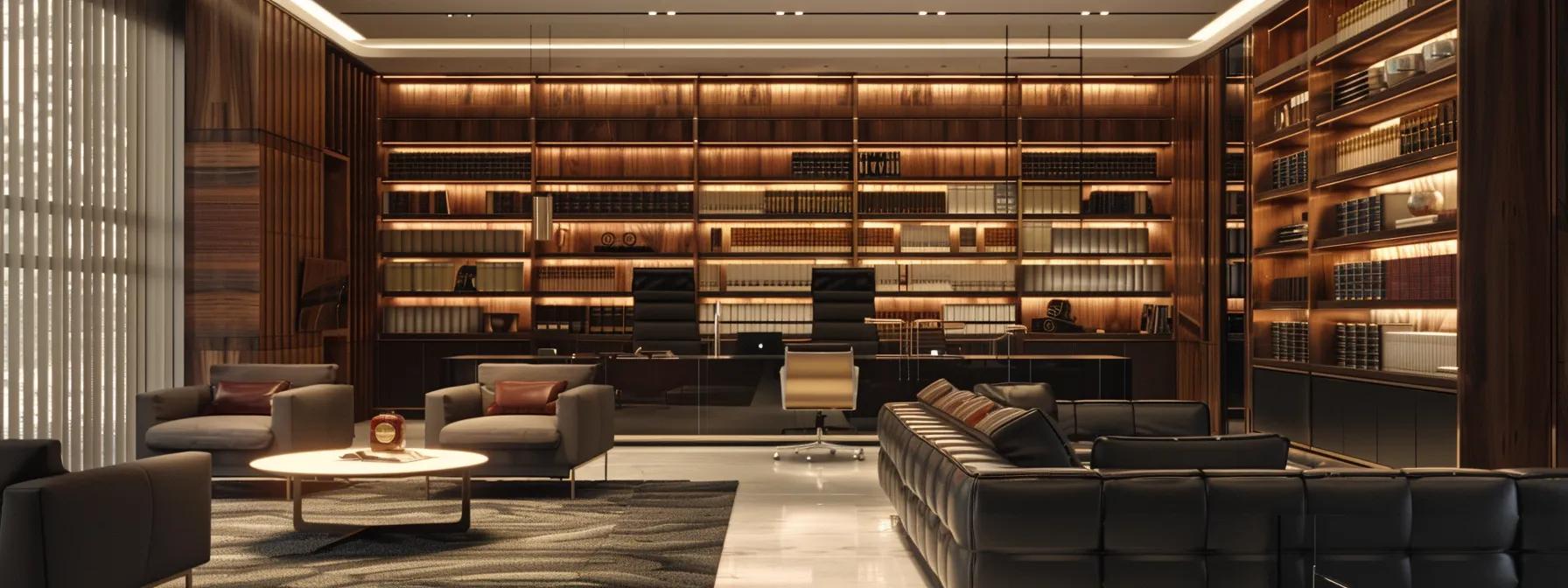 a focused view of a modern law office with sleek furniture, a large conference table, and legal books on the shelves, capturing a heated discussion about custody arrangements between a lawyer and a client.