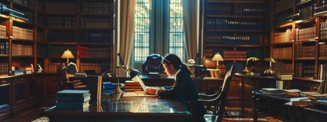 a focused, well-lit courtroom scene captures a determined family lawyer engaged in a professional consultation with a client, exuding confidence amidst a backdrop of law books and imposing courtroom architecture.