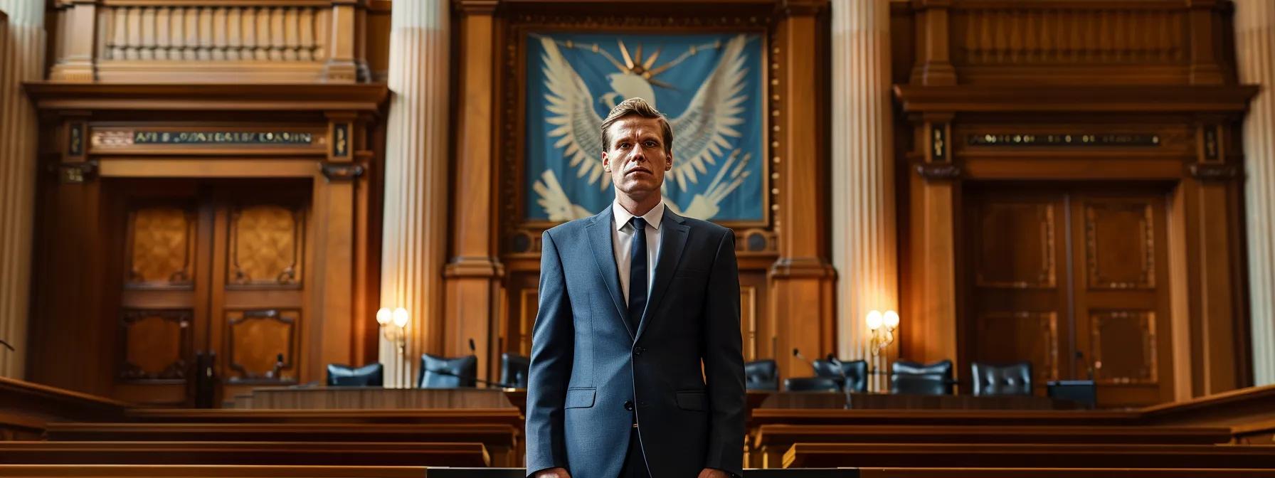 a meticulously dressed lawyer stands confidently before a stern judge in an elegantly appointed courtroom, radiating professionalism and respect for the judicial process.
