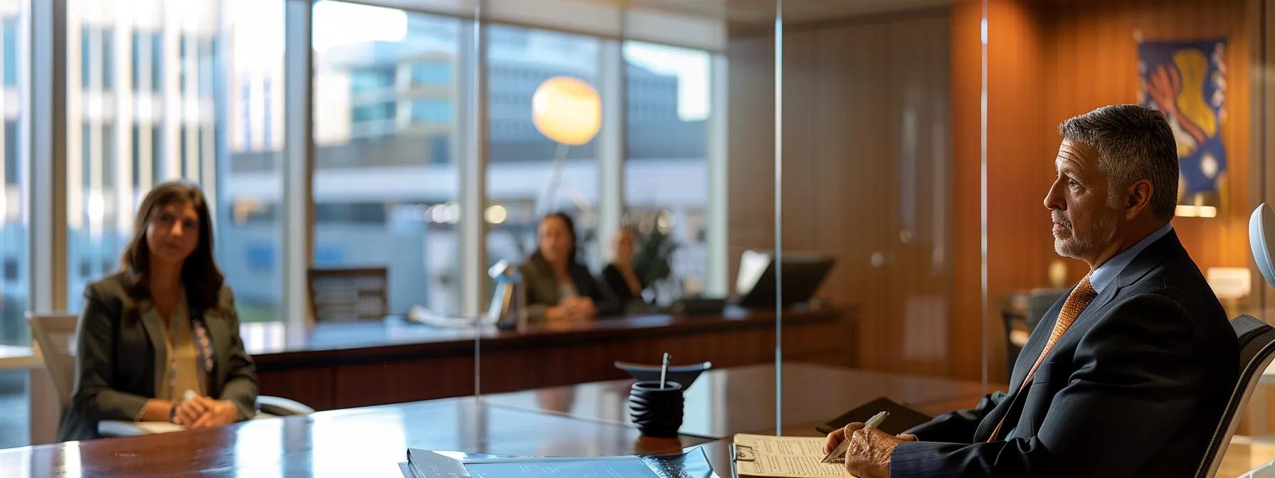 Divorce attorneys discussing asset division and retirement planning in a modern office setting, emphasizing legal guidance and financial strategy.