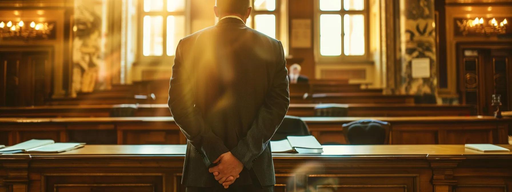 a poised lawyer stands confidently at the front of a solemn courtroom, addressing a focused judge, with legal documents neatly arranged on the table, highlighting the intricacies of guardianship processes and responsibilities.