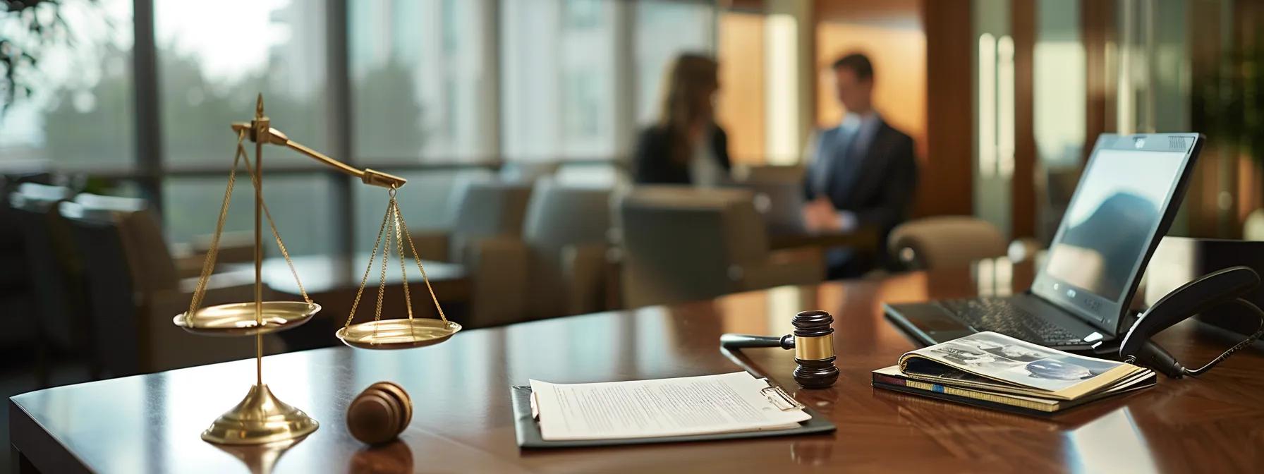 a professional lawyer and client engage in a focused discussion at a sleek, modern conference table in a well-appointed law office, with legal documents and a laptop open between them, symbolizing their collaborative partnership in navigating divorce proceedings.