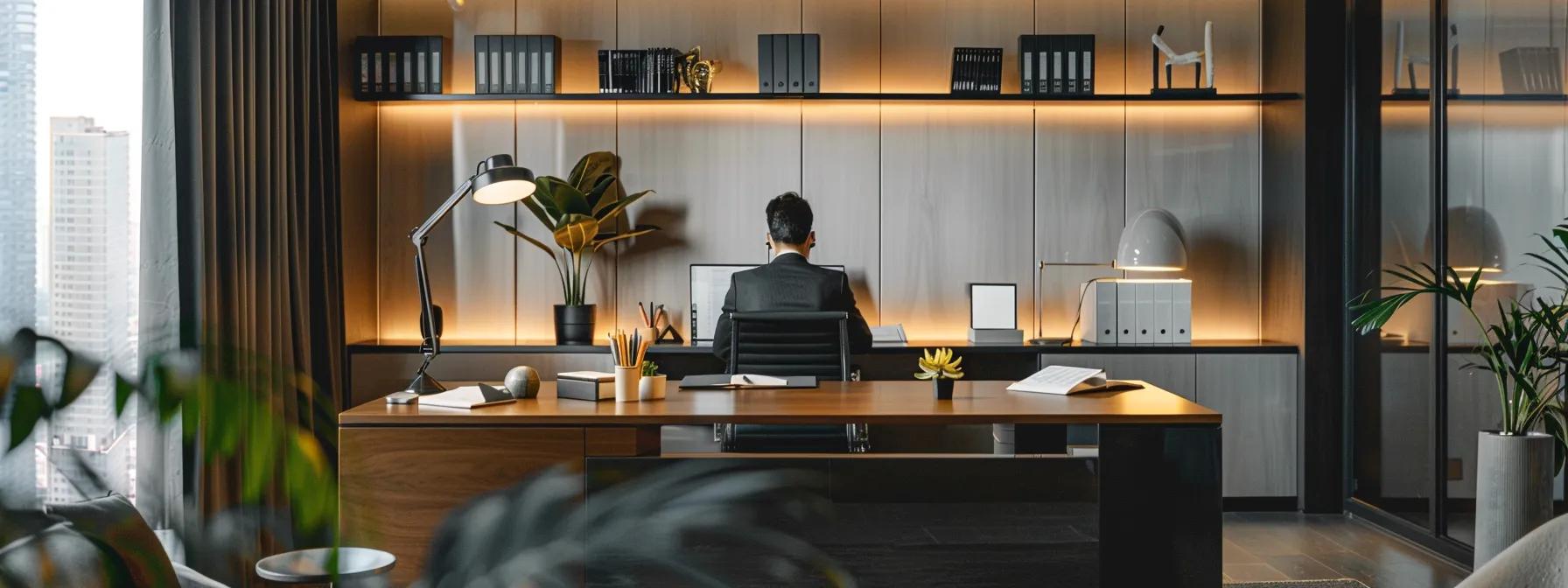 a sleek, modern law office with a minimalistic desk set up, featuring a lawyer attentively reviewing legal documents while engaged in a focused discussion over a video call, symbolizing efficient communication during divorce proceedings.