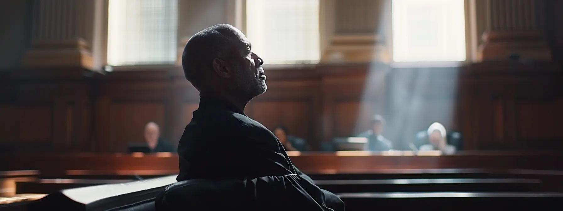 a solemn courtroom scene captures a lawyer confidently presenting their case before a focused judge, with an atmosphere that conveys the weight of emotional and mental preparation required for a divorce trial.