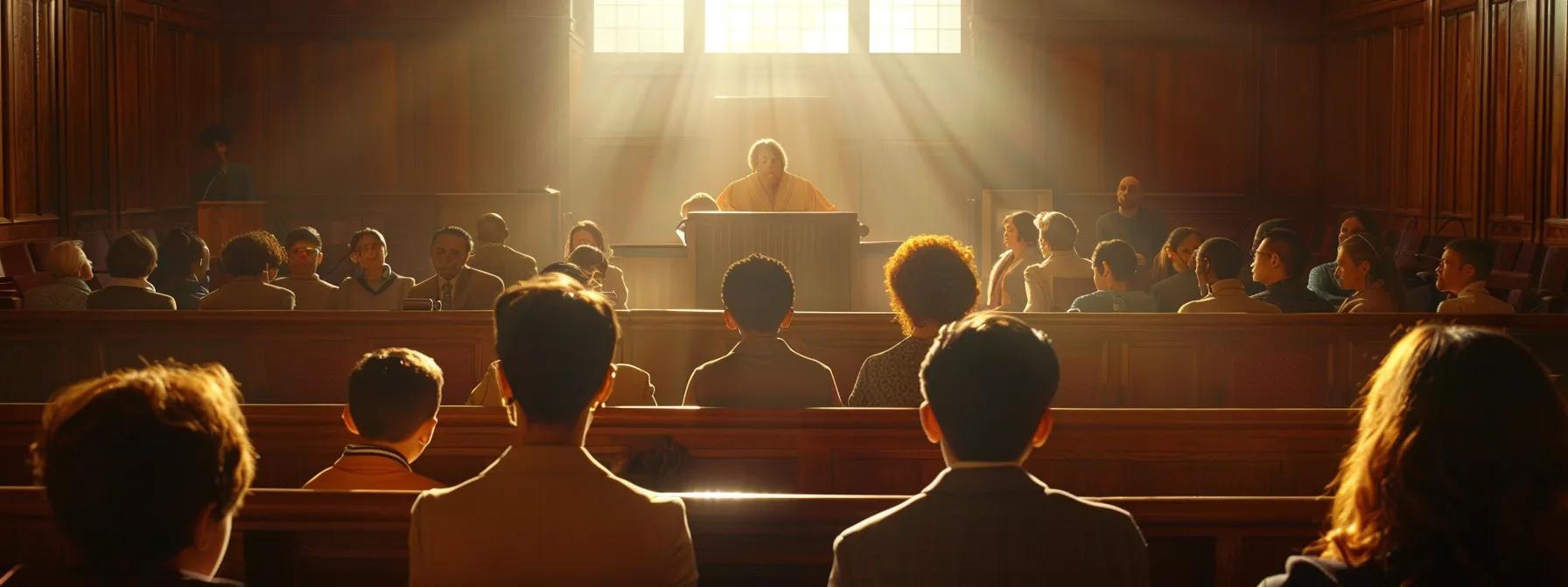 a solemn courtroom scene captures a poised judge presiding over a child adoption hearing, flanked by attentive prospective adoptive parents and their supportive legal counsel, symbolizing the profound journey of creating a nurturing family.