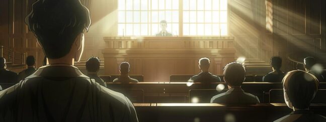 a solemn courtroom scene captures a focused lawyer presenting a compelling case before a discerning judge, illuminated by dramatic overhead lighting that highlights the tension and gravitas of the adoption process.