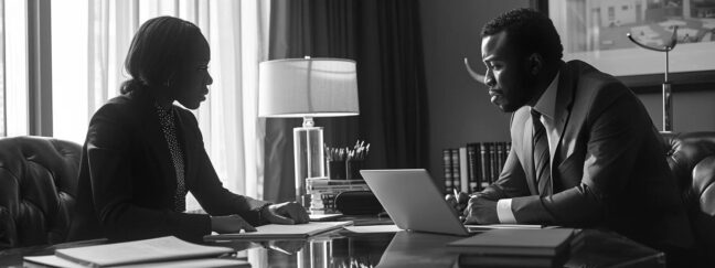 a somber yet determined parent sits at a polished conference table in a modern, monochromatic office, engaging in a focused discussion with their attorney, surrounded by legal documents and a laptop displaying custody case notes.