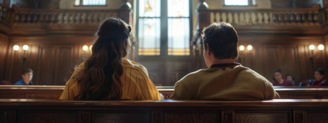 a somber yet hopeful courtroom scene captures an intense moment between two parents discussing shared custody, with a focus on their contemplative expressions amidst the stark, professional decor of the legal environment.