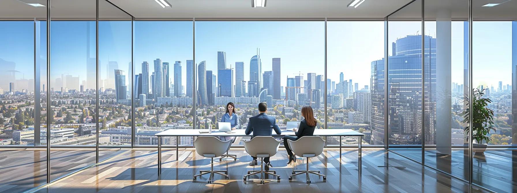 a striking modern office space features two engaged parents sitting at a sleek conference table, discussing shared custody arrangements with focused expressions, while a large window reveals a vibrant urban skyline in the background.