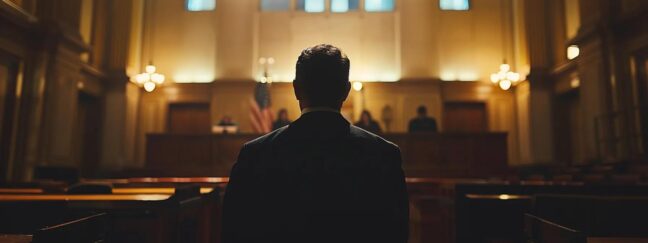 a tense courtroom scene captures a focused lawyer standing before a judge, illuminated by overhead lights, as they prepare to discuss the complexities of divorce proceedings.