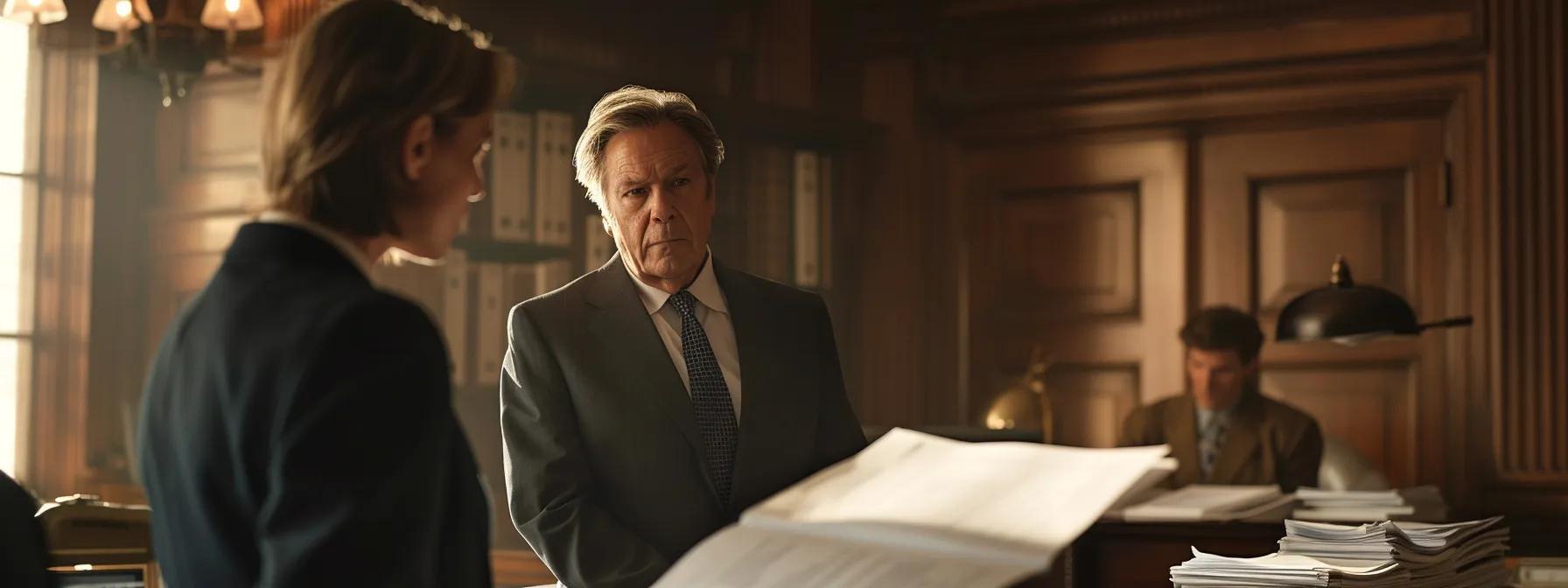a tense courtroom scene captures a focused lawyer standing by a stack of meticulously organized documents, addressing a stern judge, with the weight of divorce negotiations evident in the air.