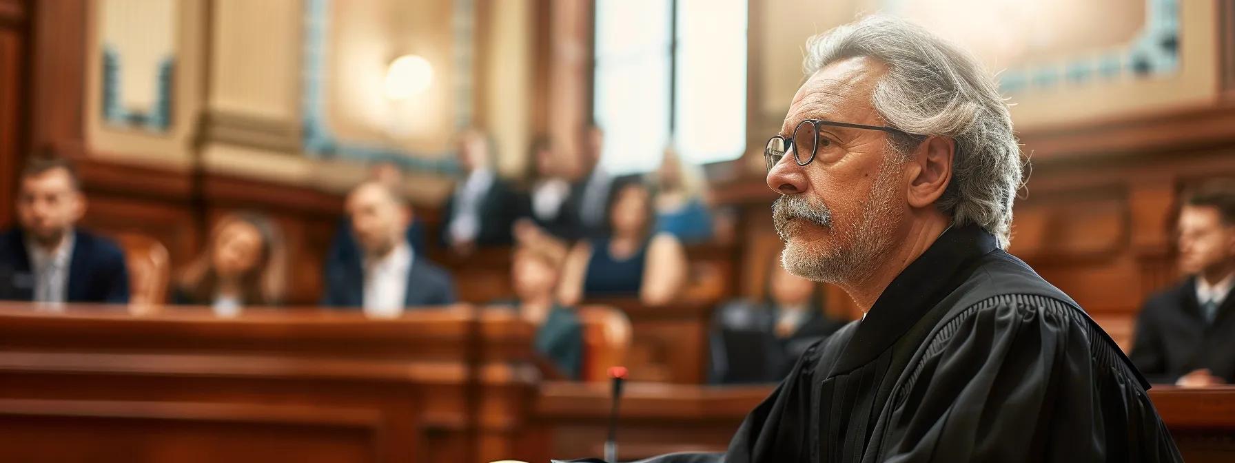 a tense courtroom scene captures a poised lawyer presenting compelling evidence before a stern judge, emphasizing the gravity of navigating a dui case amidst the somber atmosphere of justice.