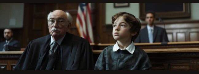 a tense courtroom scene captures a determined lawyer presenting a case for guardianship before a stern judge, with the focus on the emotional weight of securing a child's future.
