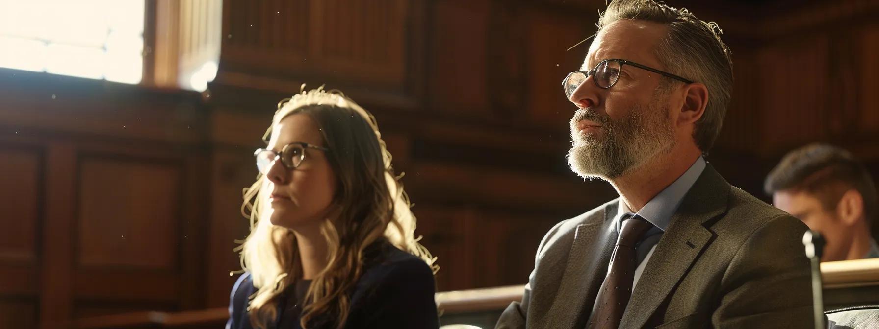 a tense courtroom scene captures a focused lawyer presenting a compelling defense while a stern judge listens intently, underscoring the high stakes involved in dui and dwi legal proceedings.