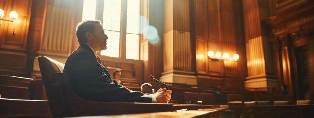 a tense courtroom scene captures a focused lawyer presenting a compelling argument before a stern judge, illuminated by the soft glow of overhead lights reflecting off polished wooden surfaces.