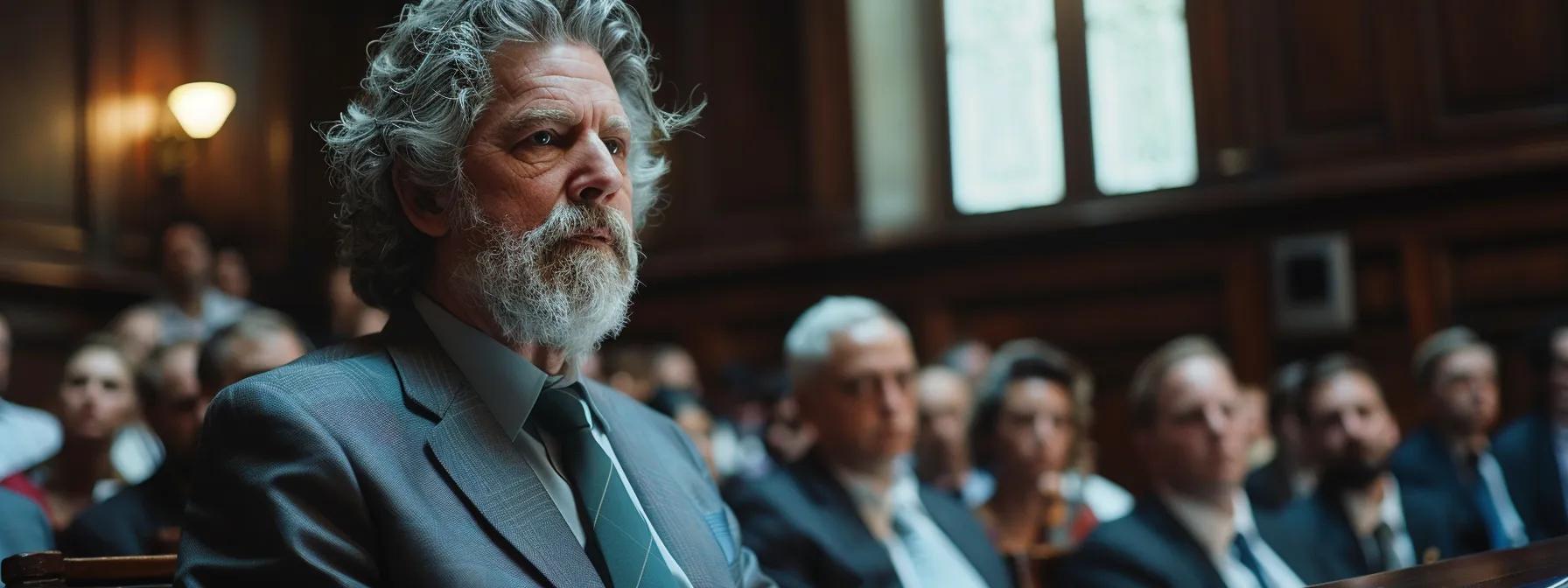 Man with gray hair and beard in a courtroom, looking serious, surrounded by an audience, reflecting the tension of legal proceedings related to divorce and asset division.