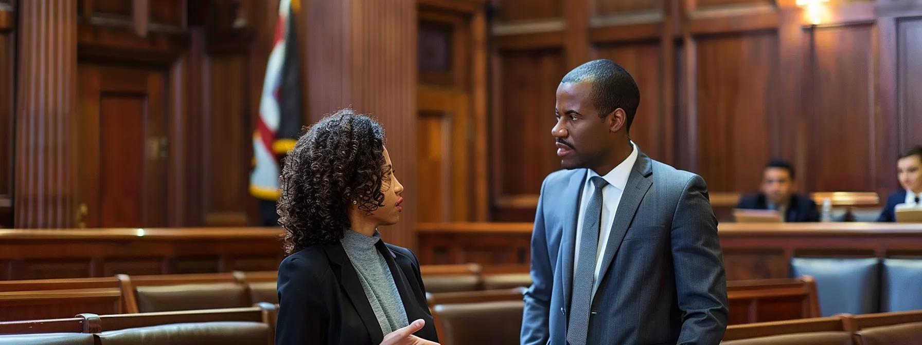 a focused courtroom scene captures a poised divorce lawyer standing confidently next to a well-dressed client, both engaged in serious discussion, as a judge presides over the proceedings, highlighting the intricate dynamics of navigating divorce beyond property division.