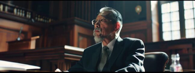 a poised courtroom scene captures a distinguished judge attentively overseeing a custody hearing, with a focused lawyer presenting arguments amidst an atmosphere of tense deliberation and professionalism.