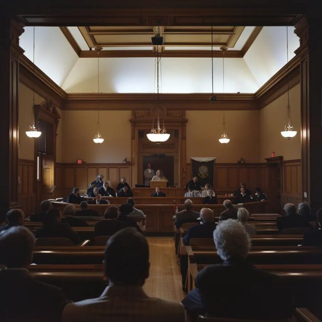 a solemn courtroom filled with attentive jurors and a determined judge presiding over a pivotal custody case, illuminated by sharp overhead lighting that emphasizes the gravity of the proceedings.
