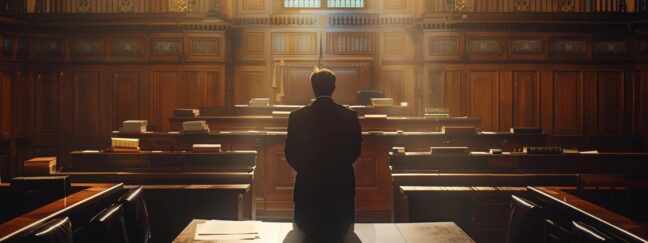 a solemn courtroom interior, featuring a poised lawyer presenting a case in front of an attentive judge, surrounded by stacks of legal documents and a dramatic spotlight highlighting the intensity of the custody hearing.