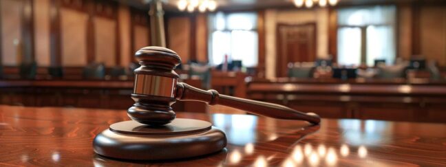 a tense courtroom scene captures a focused lawyer presenting a custody case before a stern judge, with legal documents and an imposing gavel prominently displayed in the dimly lit room.