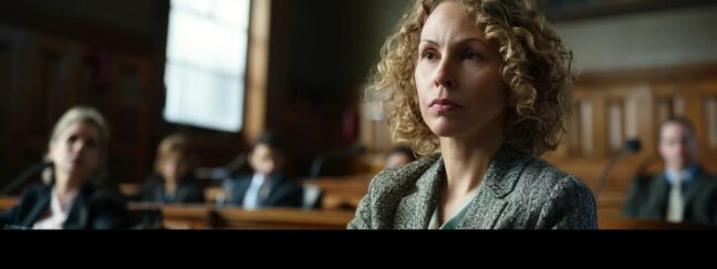 a tense courtroom scene captures a focused lawyer presenting evidence before a stern judge, with the emotional weight of a divorce settlement hanging in the air.