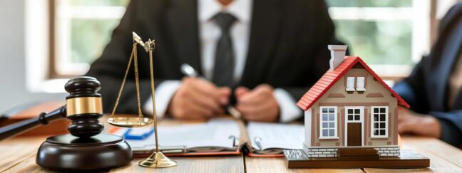 a tense courtroom scene captures a focused lawyer presenting evidence before a stern judge, with a split diagram of a house prominently displayed as they discuss the division of assets in a divorce case.