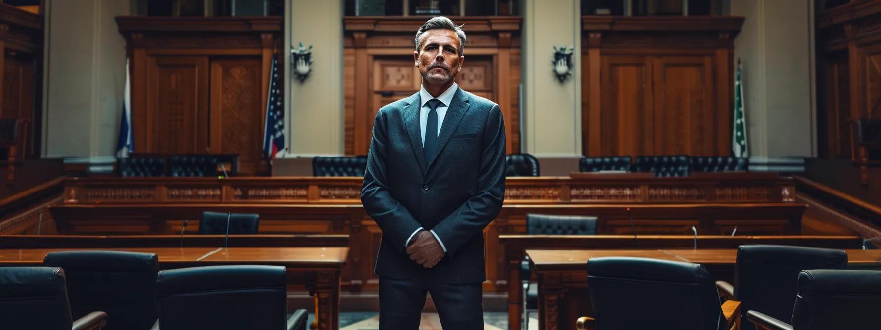 a confident divorce lawyer, dressed in a sharp suit, stands poised in a solemn courtroom, engaging in a compelling dialogue with a judge, embodying expertise and resolute advocacy in the midst of a tense legal negotiation.