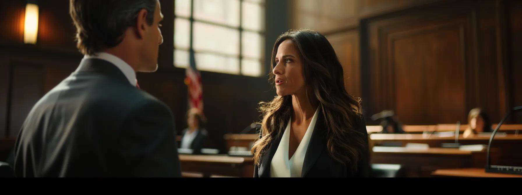 a focused virginia beach divorce lawyer stands confidently in a modern courtroom, engaging with a judge while surrounded by legal documents and case files that emphasize the complexity and seriousness of divorce proceedings.