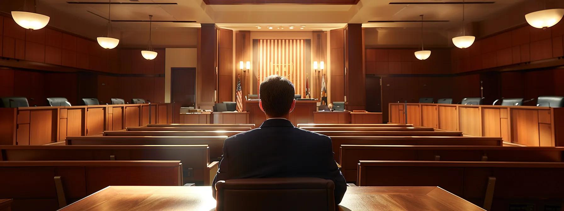 a poised attorney presents a heartfelt case for spousal adoption in a modern courtroom, illuminated by focused overhead lights, with a thoughtful judge listening intently from the bench.