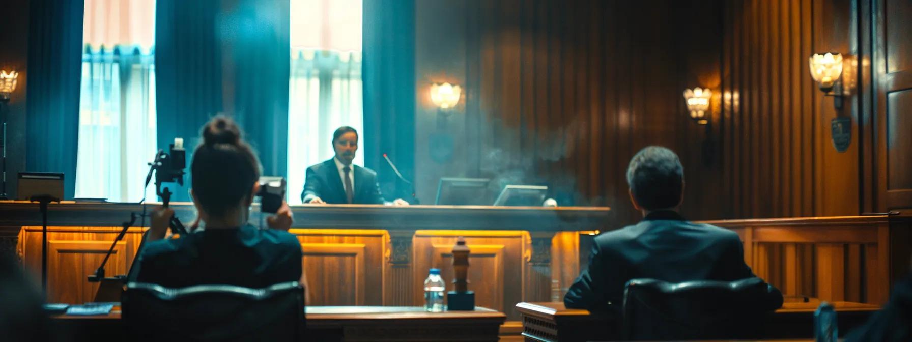 a poised lawyer presenting a spousal adoption case in a formal courtroom, with a judge attentively observing from the bench and an ambient glow from the overhead lighting illuminating the serious atmosphere.