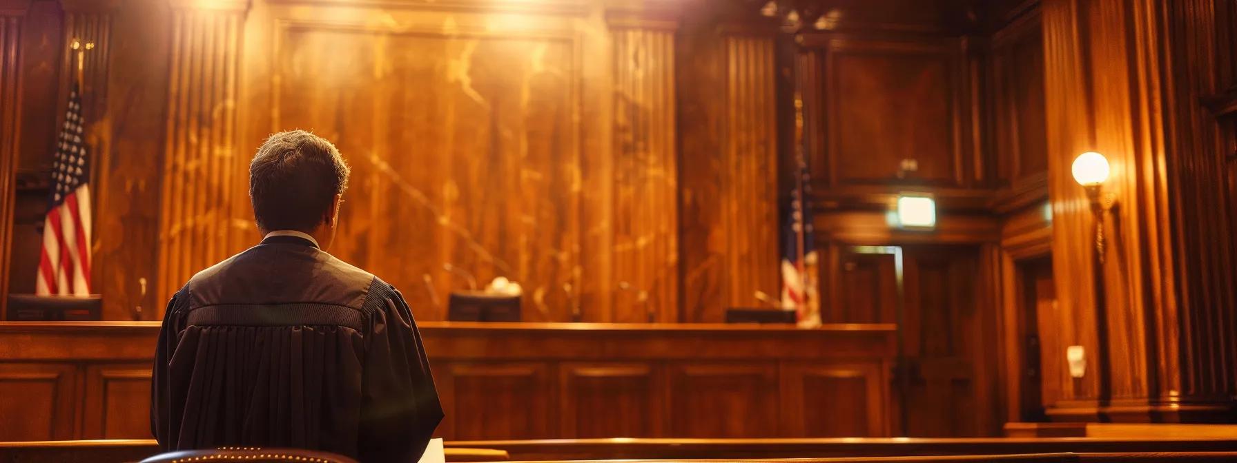 a serious courtroom scene in virginia beach, featuring a judge attentively reviewing organized documentation and expert evaluations, with a focused atmosphere reflecting the importance of evidence and testimony in a custody hearing.