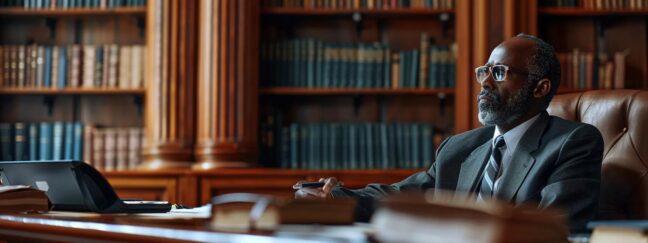 a solemn courtroom setting captures a focused judge, surrounded by legal texts and documents, deep in thought as they make a pivotal custody determination.