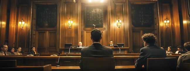 a tense courtroom scene unfolds with a focused lawyer presenting evidence before a stern judge, illuminated by dramatic overhead lighting, embodying the gravity and duration of divorce proceedings.