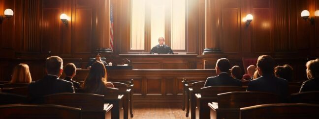 a tense courtroom scene features an authoritative judge presiding over a case, with a focused lawyer presenting arguments for a spouse seeking to adopt a child, illuminated by bright overhead lights that cast sharp shadows on the polished wooden benches.