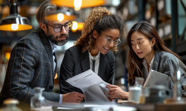 Three professionals discussing legal documents in a modern office setting, emphasizing collaboration and strategy in DUI defense.